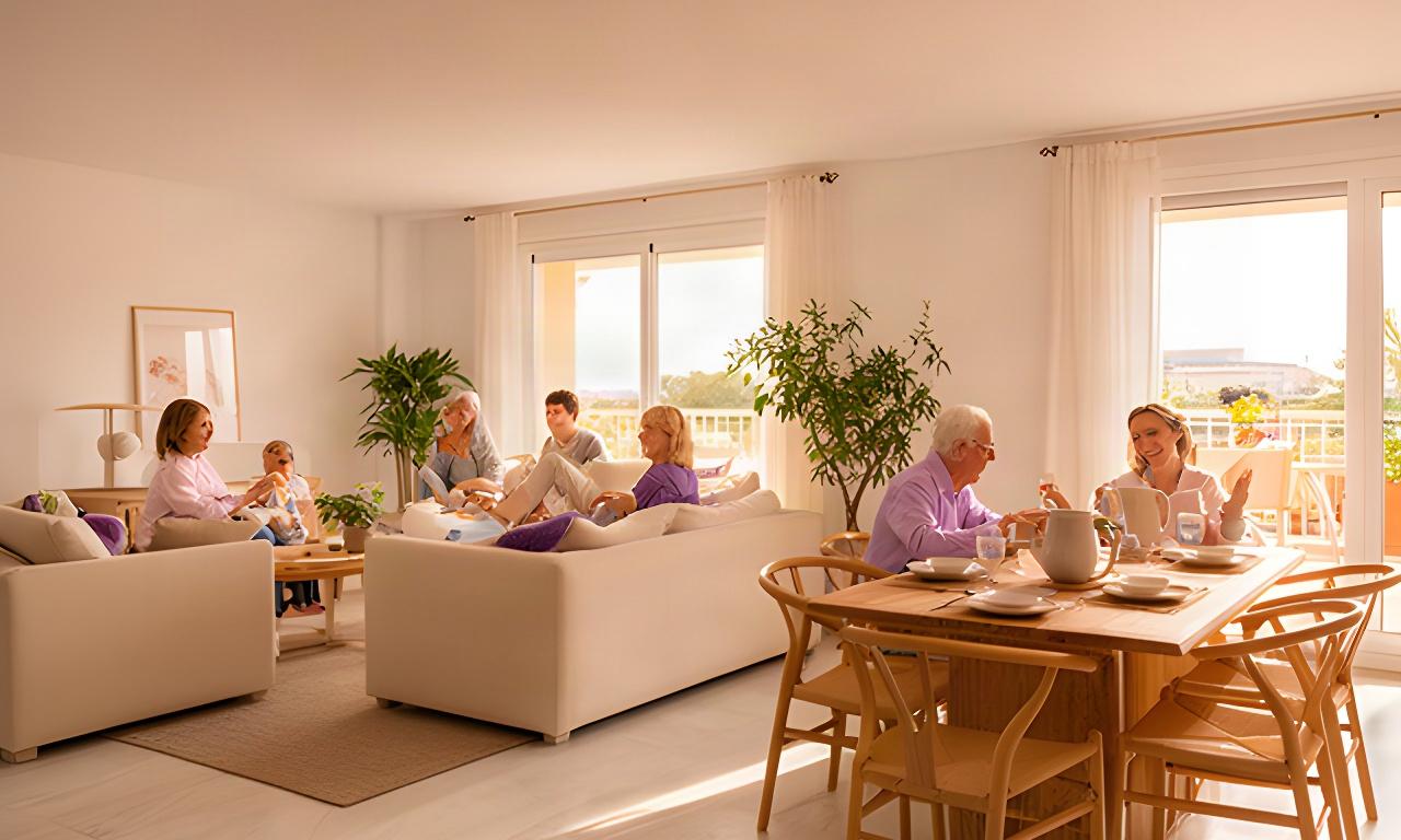 Gran salón luminoso de un apartamento en Vinaròs con sofás, mesa de comedor y un grupo reunido