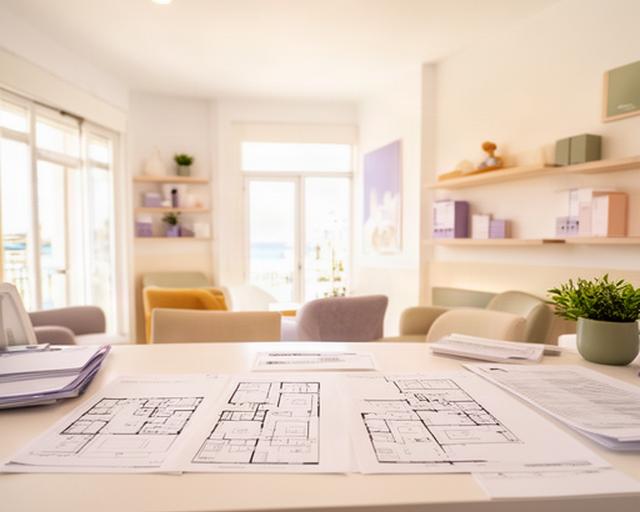 Interior luminoso de una oficina de alquiler en Vinaròs con mesa de atención y planos de apartamentos