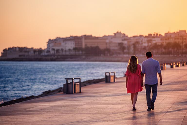 Pareja caminando por el paseo marítimo de Vinaròs al atardecer